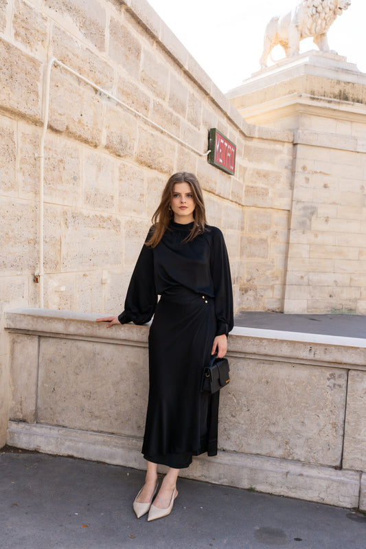 Draped Black Satin Set